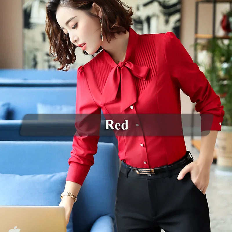 Tie Shirts for Women Color Pleated Blouse Office Lady Bow Female Tops Chemise CORAL RED 724GoShop