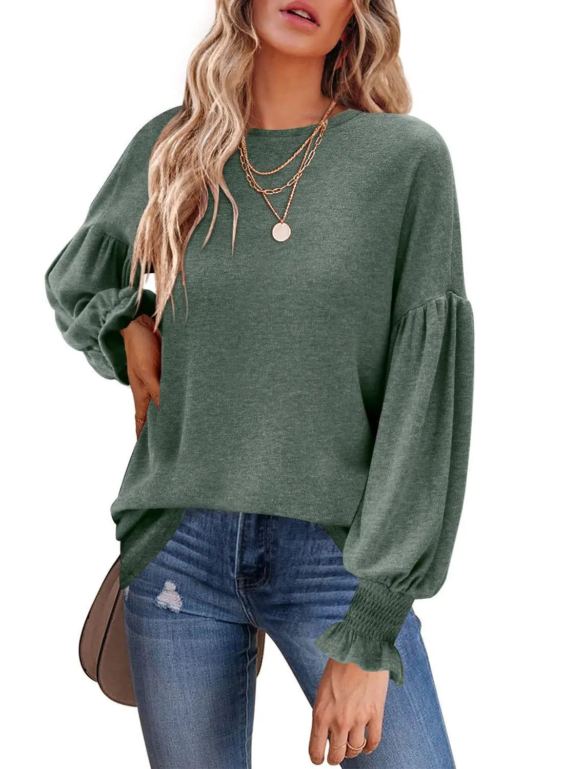 Women Clothes Lantern Long Sleeve Pullover Slim T Shirts Tops green 724GoShop