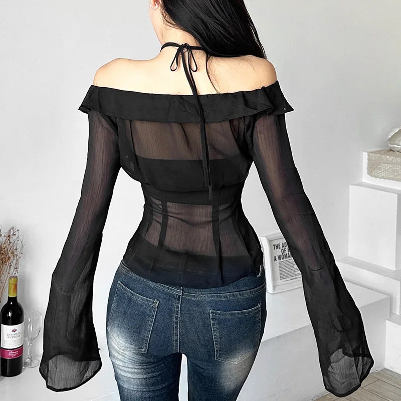 Women T-shirts Sexy Deep V Neck See-Through Long Sleeve Crop Tops 2 724GoShop