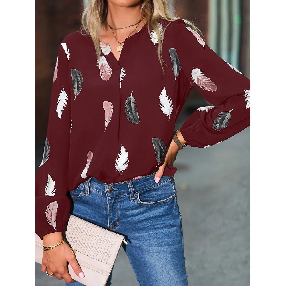 new ladies V neck feather print long sleeve loose fitting plus size women's shirt tops 724GoShop