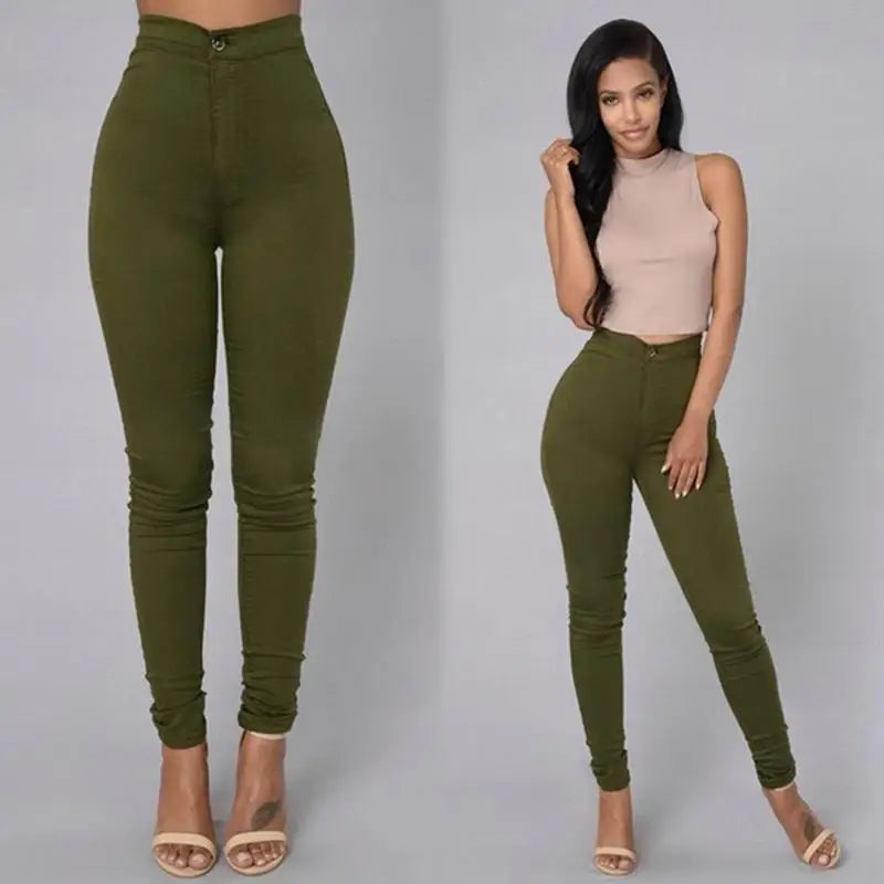 Women Stretch jeans solid color thin slim pencil pants high waist Candy color jeans green 724GoShop