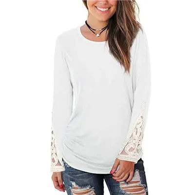 O Neck Lace Sleeves Pleated Women's T Shirt Top Tees Casual ladies Tshirt 6 724GoShop