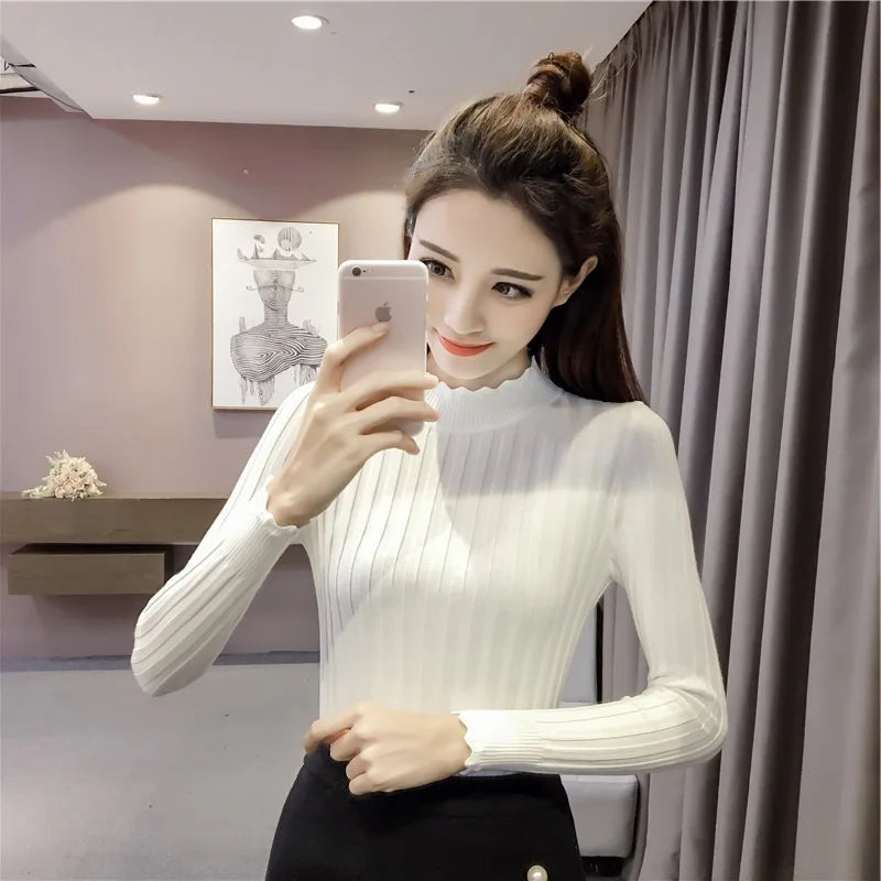 High Neck Office Lady Base Shirt Long Sleeve Thin Knitted Sweater Plus Size White 724GoShop