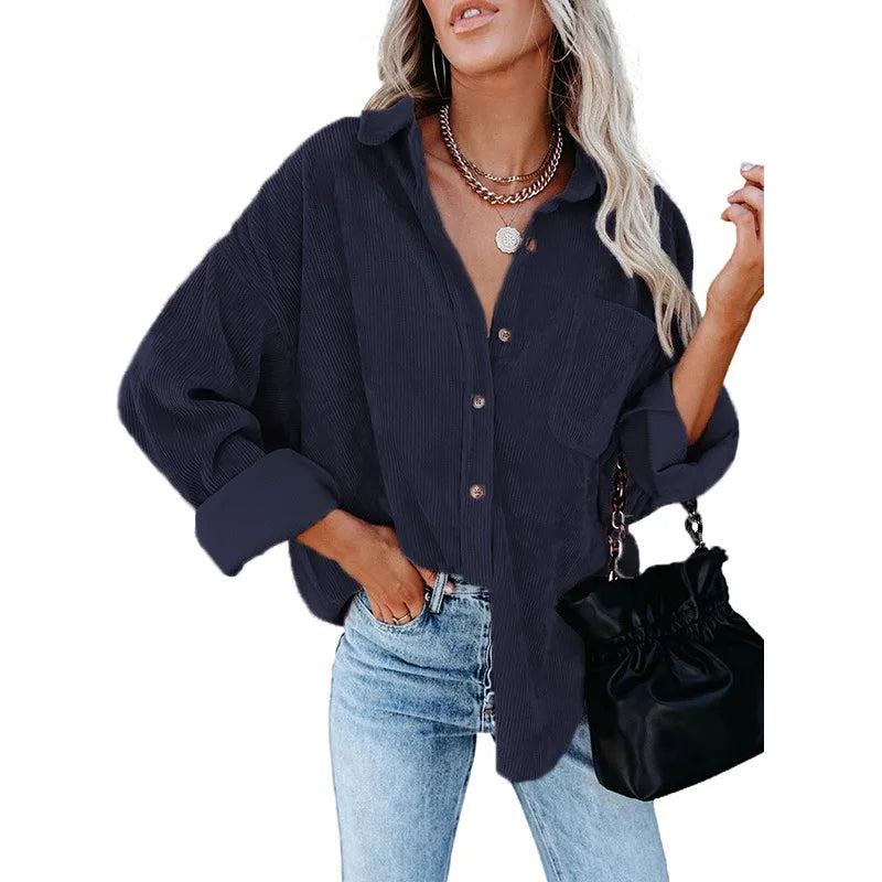 women long sleeve blouse solid color casual coat shirt NAVY 724GoShop