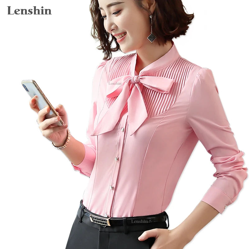 Tie Shirts for Women Color Pleated Blouse Office Lady Bow Female Tops Chemise 724GoShop