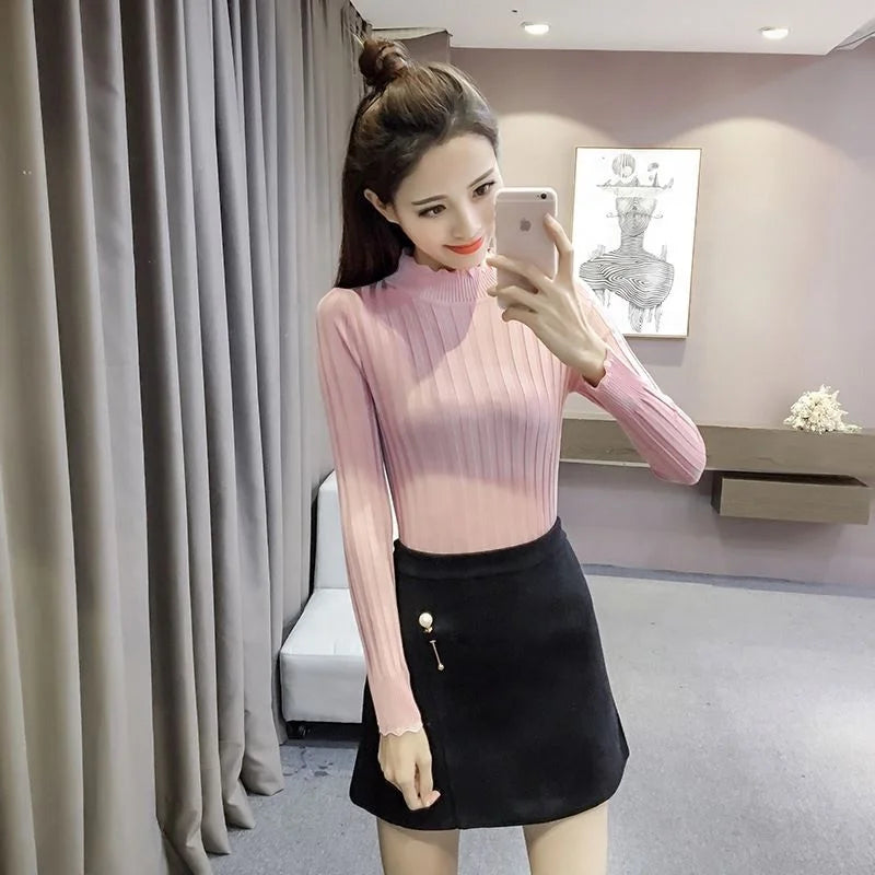 High Neck Office Lady Base Shirt Long Sleeve Thin Knitted Sweater 724GoShop