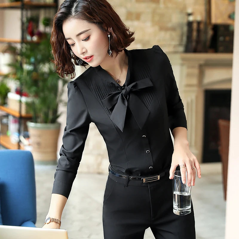 Tie Shirts for Women Color Pleated Blouse Office Lady Bow Female Tops Chemise 724GoShop