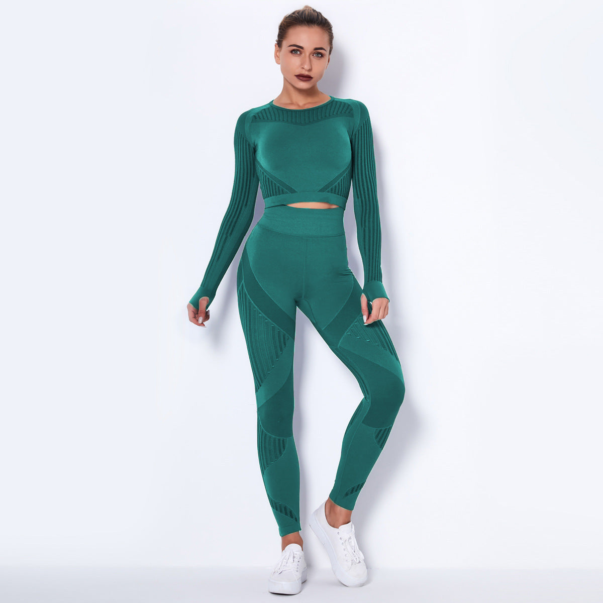 Women High waist Fitness Leggings Sport Set Tracksuit Workout Long Sleeve Seamless Yoga Clothes dark green 724GoShop