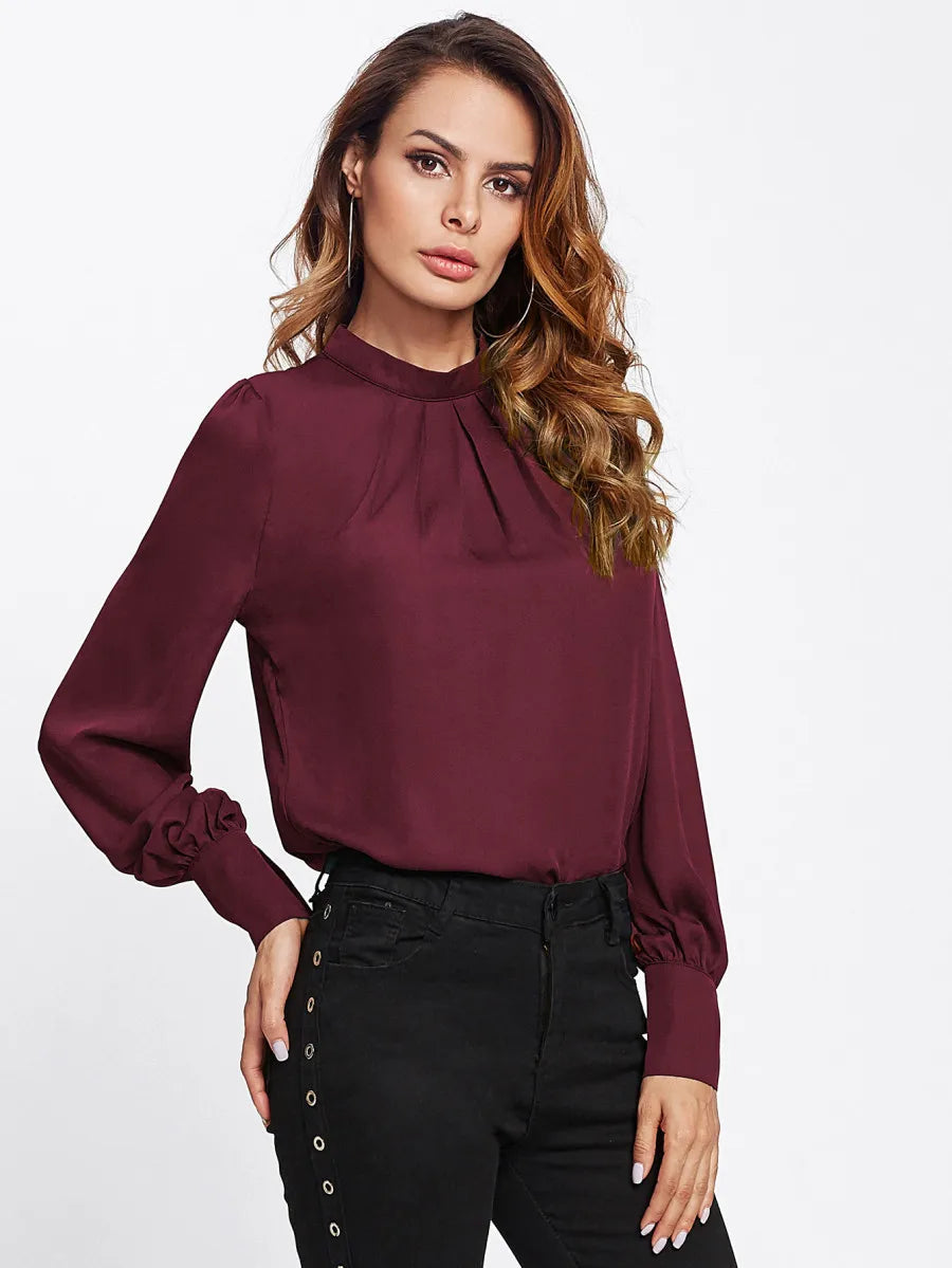 Women Long Sleeve Blouses Lady Loose Casual Chiffon Shirt Tops Blouse Burgundy 724GoShop