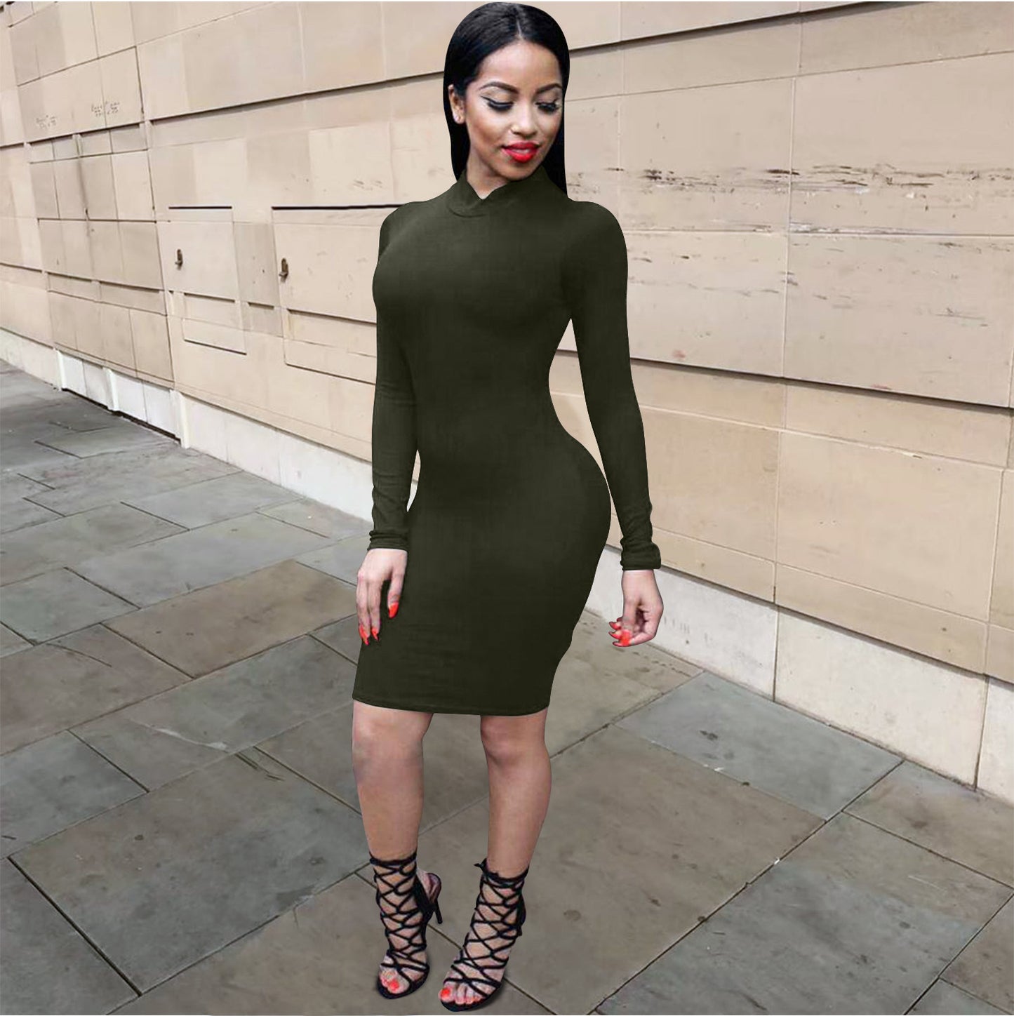 Women's Sexy Solid Color Round Neck Bodycon Long Sleeve Bandage Backless Party Club Dress Army Green 724GoShop