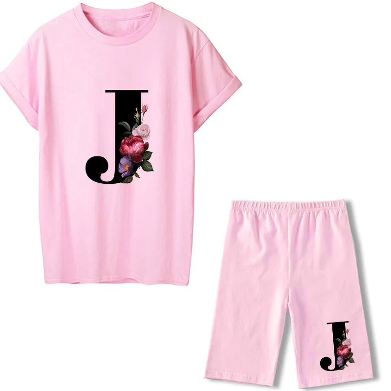 Short Sleeve Graphic Tee Black Letter Floral Tshirt Women T Shirt And Shorts 2 Pieces Set Outfits J 724GoShop