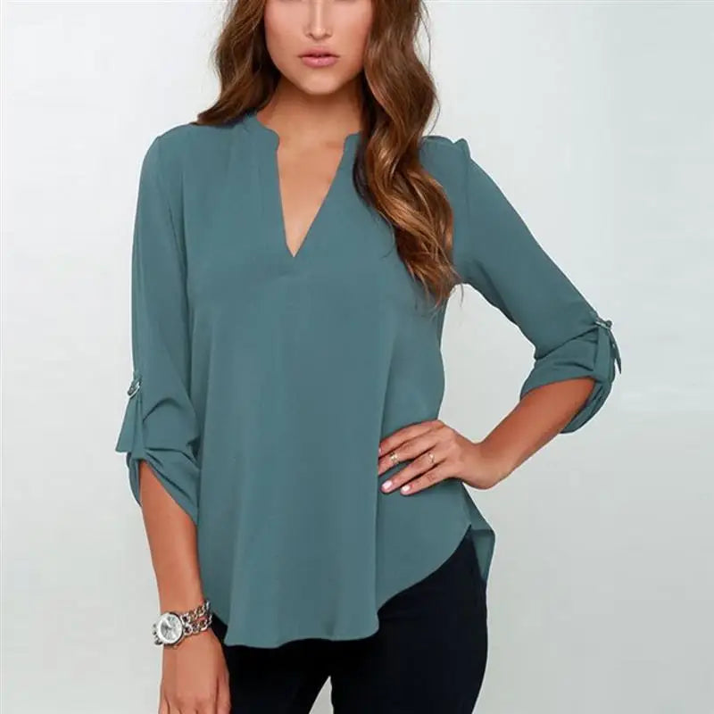 tops plus size women's V-neck long-sleeved pleated sleeve loose chiffon shirt 724GoShop