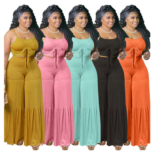 trendy casual plus size women clothes clothing dropshipping 2022 summer tank top and flare pants two 2 piece set fat lady outfit 724GoShop