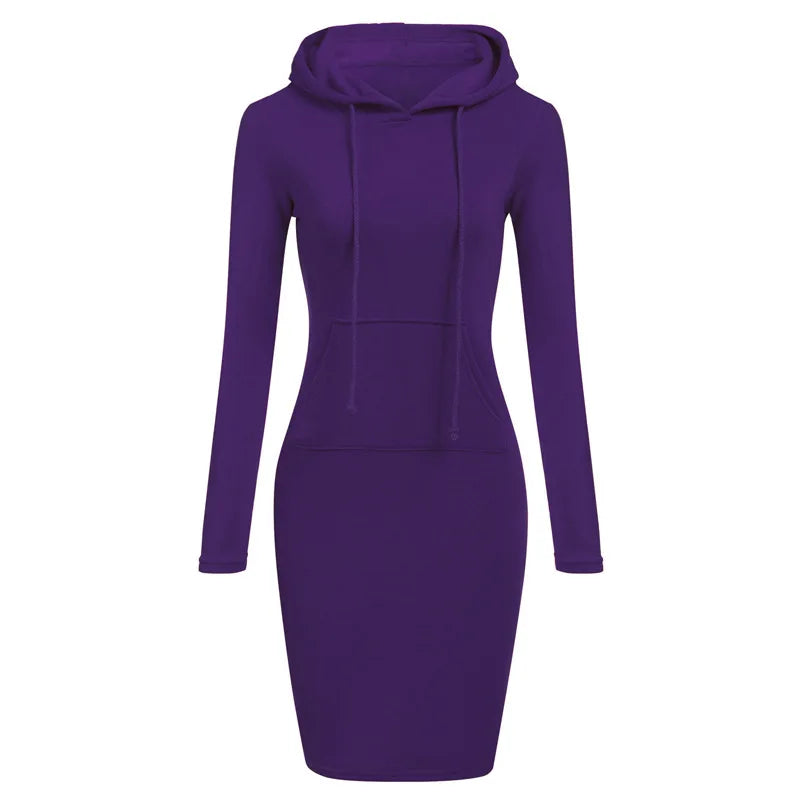 Autumn And Winter Fashion Solid Color With Pocketst Hoodie Dress Slim Womens tracksuit Dresses Casual Hoodie Sweatshirt Dress Purple 724GoShop