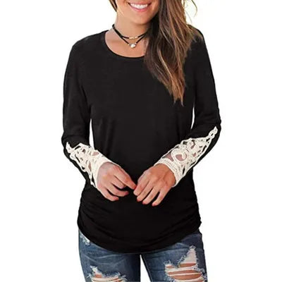 O Neck Lace Sleeves Pleated Women's T Shirt Top Tees Casual ladies Tshirt 4 724GoShop