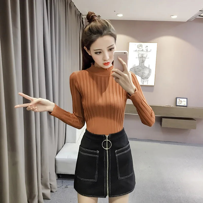 High Neck Office Lady Base Shirt Long Sleeve Thin Knitted Sweater Plus Size Brown 724GoShop