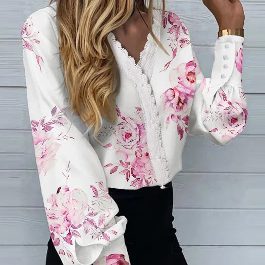 Hot New Fashion Women Top And Blouse Elegant Lace Floral Print Casual Shirts Long 3 724GoShop