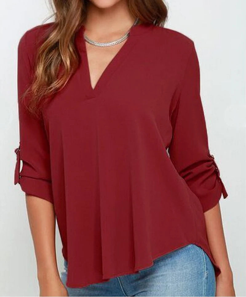 tops plus size women's V-neck long-sleeved pleated sleeve loose chiffon shirt Burgundy 724GoShop