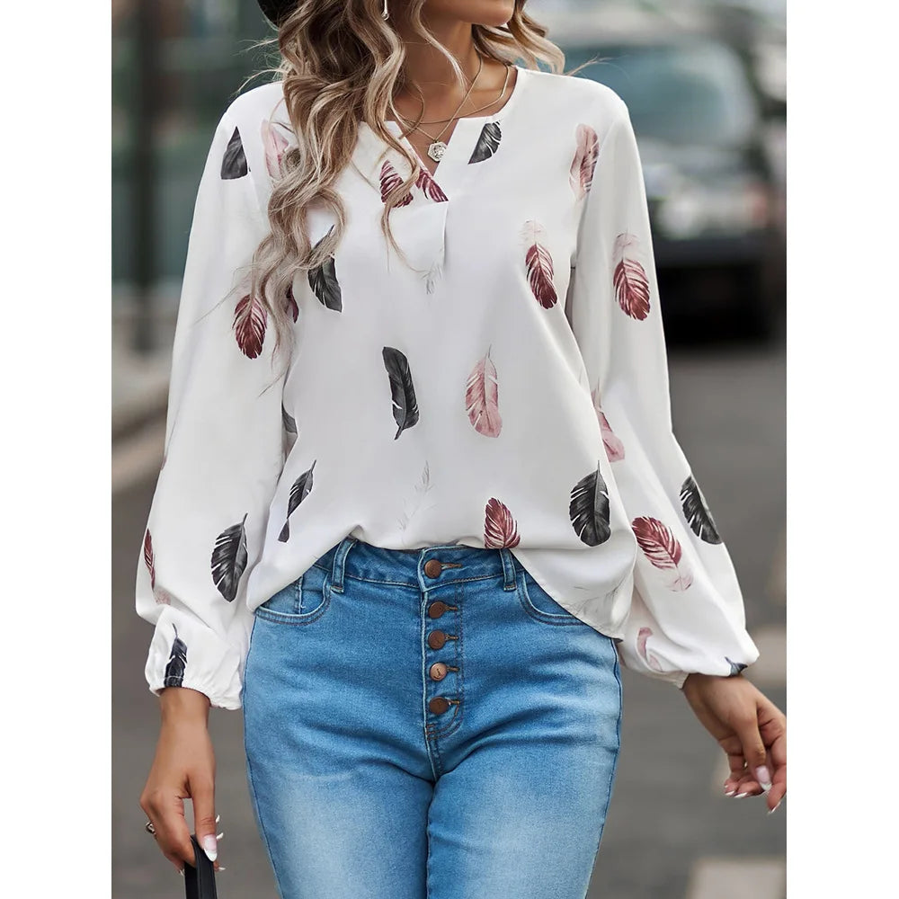 new ladies V neck feather print long sleeve loose fitting plus size women's shirt tops 724GoShop