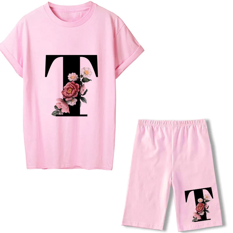 Short Sleeve Graphic Tee Black Letter Floral Tshirt Women T Shirt And Shorts 2 Pieces Set Outfits T 724GoShop