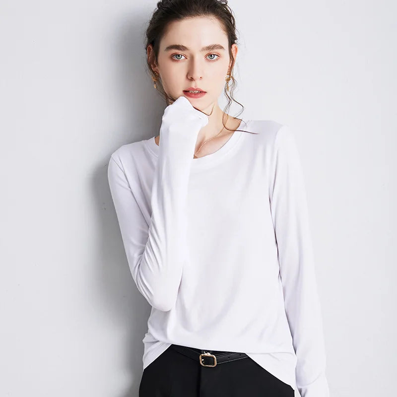 White Women Shirts Elastic Long Sleeve Slim Fit T Shirts White 724GoShop