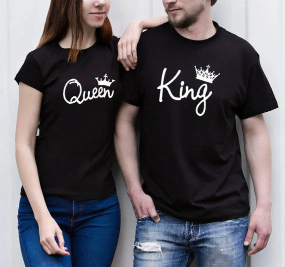 King and Queen Hand Write T-Shirts Couple Matching Short Sleeve Crew T Shirts Style 2 724GoShop