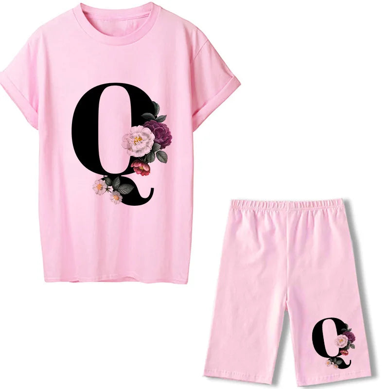 Short Sleeve Graphic Tee Black Letter Floral Tshirt Women T Shirt And Shorts 2 Pieces Set Outfits Q 724GoShop