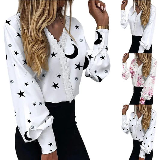 Fashion Ladies Shirts For Women Print Lace Casual Shirts 724GoShop