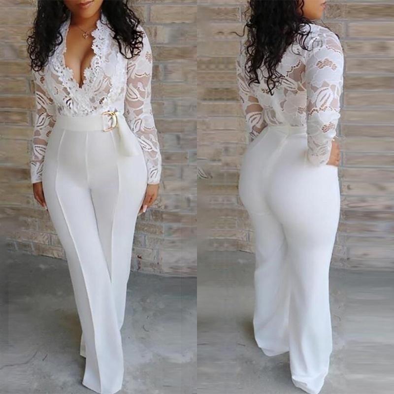 Women's trousers pants one piece jumpsuits spring summer European and American lace white rompers jumpsuit plus size pants White 724GoShop