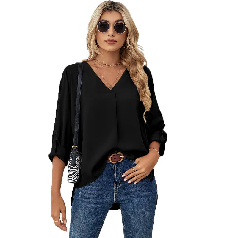 Chiffon Blouse Solid Color Fashion Women's V-neck Long Sleeve Casual Blouse For Women Black 724GoShop