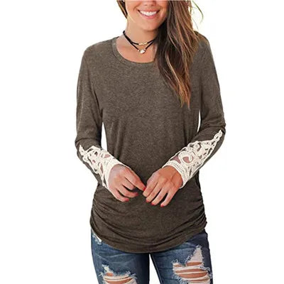 O Neck Lace Sleeves Pleated Women's T Shirt Top Tees Casual ladies Tshirt 1 724GoShop