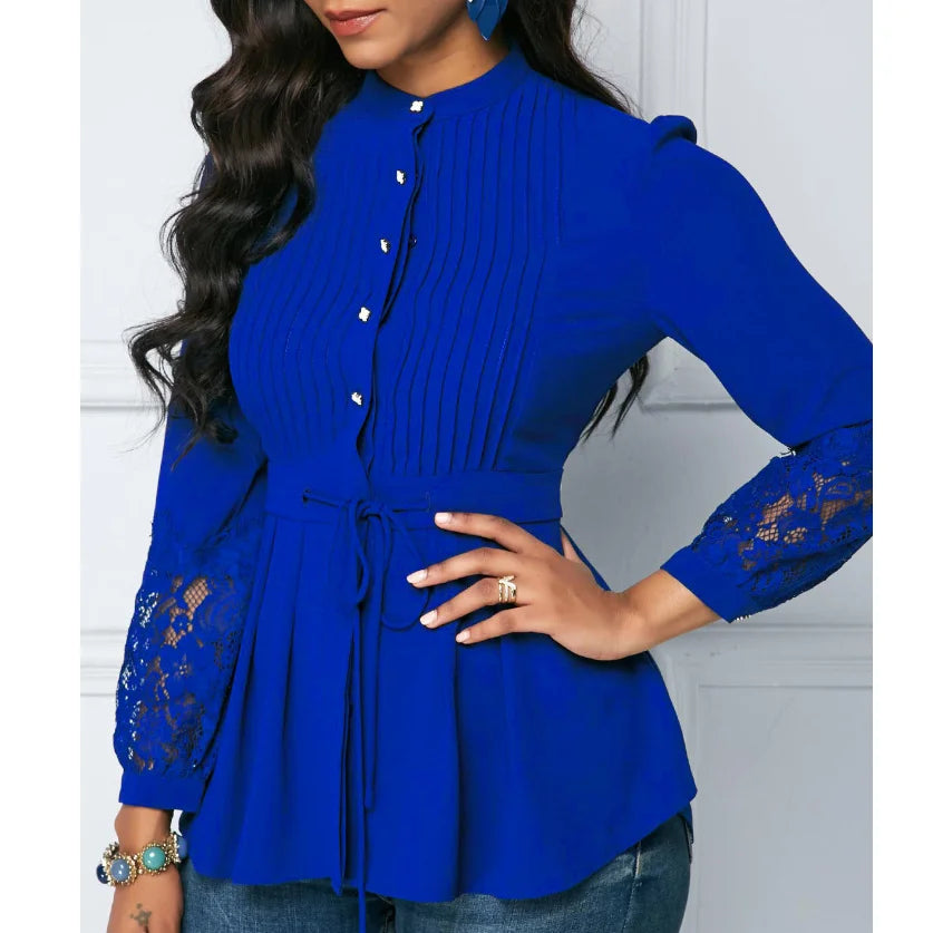 Vintage Elegant Women Shirts Blouses Office Long Sleeve Lace Panel Crinkle Chest Peplum Blouse 724GoShop