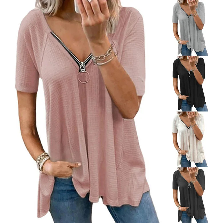 Plus Size Women Short Sleeve T-shirt Zipper Loose Women's Top Clothing Te Shirt 724GoShop