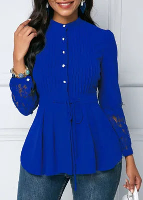 Vintage Elegant Women Shirts Blouses Office Long Sleeve Lace Panel Crinkle Chest Peplum Blouse Blue 724GoShop