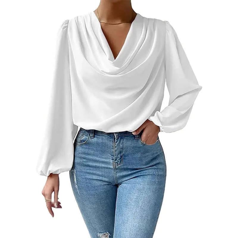 European And American Long Sleeve V -Neck Women'S T-Shirt White 724GoShop