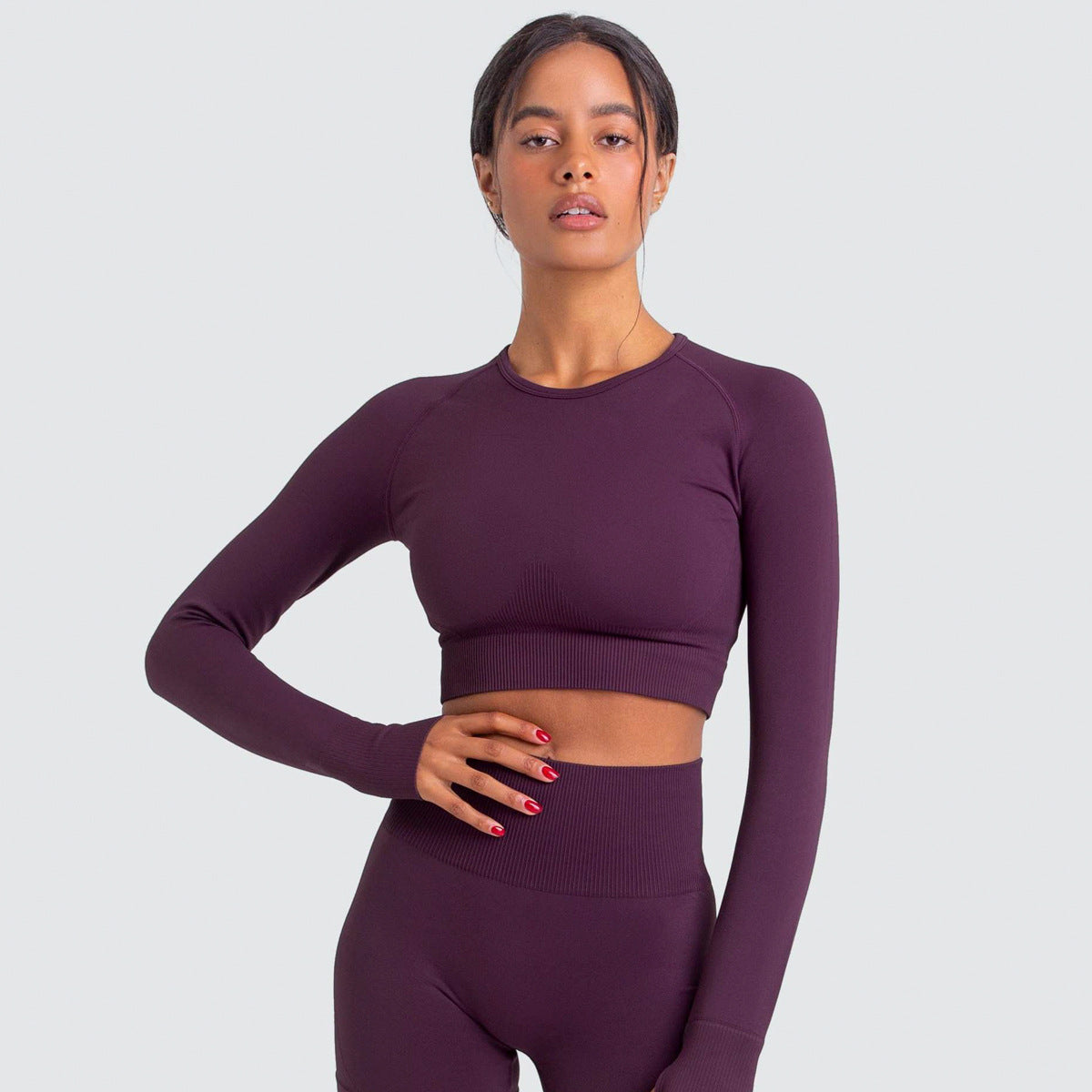 Seamless Pure Color Fitness Slim Breathable Tops Yoga Sports Gym Tight Long Sleeve Shirt For Women Purple red 724GoShop