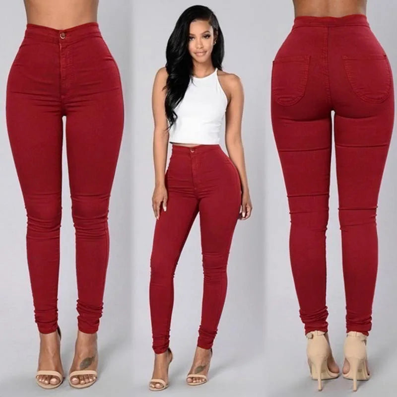 Women Stretch jeans solid color thin slim pencil pants high waist Candy color jeans 724GoShop