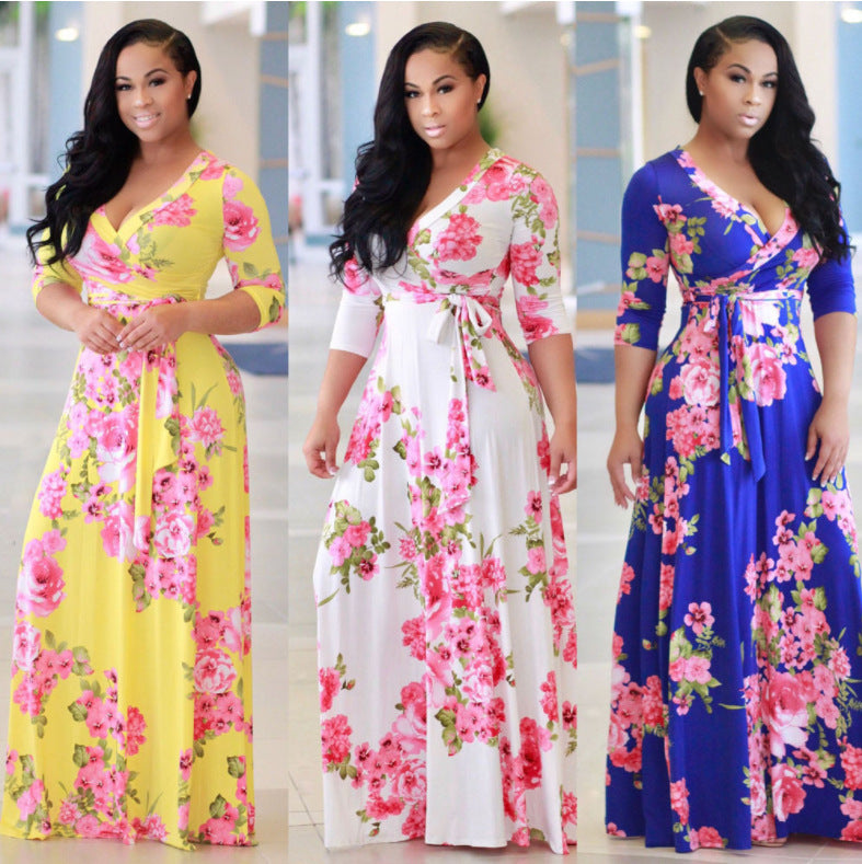 Summer Fashion Europe and America Women V-neck Printing Flower Long Dress Ladies Plus Size Dress 724GoShop