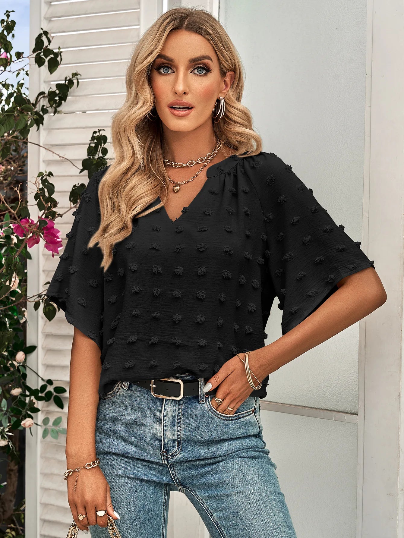 Women's Shirt V-neck Solid Color Chiffon Shirt Large Wool Ball Short Sleeve Patchwork Top 724GoShop