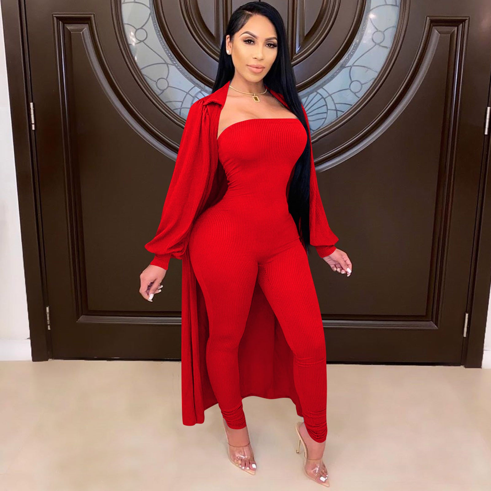 Solid Color Jumpsuit Suit High Elastic Cotton Pit Strip 2-Piece Set Red 724GoShop