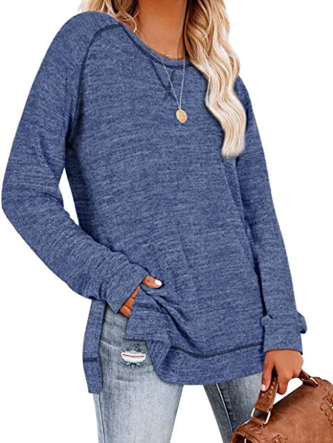 T Shirt Fashion Long Sleeve Womens Crewneck Sweatshirts Sweaters Dark blue 724GoShop