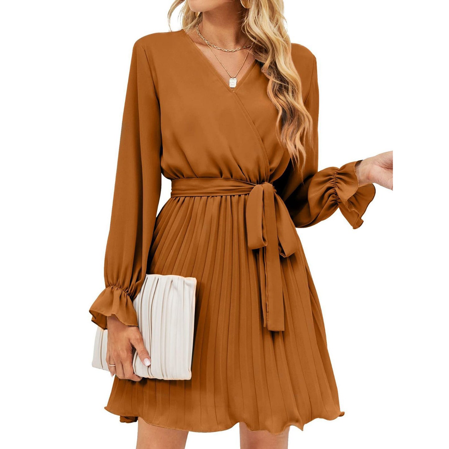 Women's Fashion Dress Long Sleeve Elegant Dress Casual V-neck Pleated Mini Dress with Belt Khaki 724GoShop