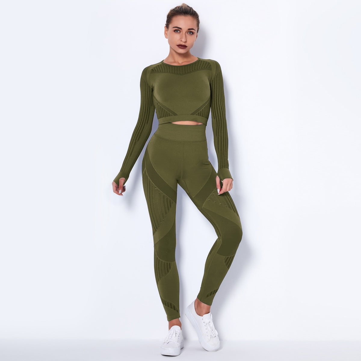 Women High waist Fitness Leggings Sport Set Tracksuit Workout Long Sleeve Seamless Yoga Clothes Light green 724GoShop