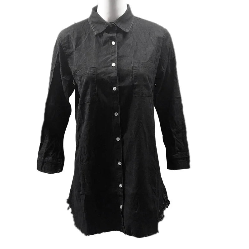 long-sleeve button long solid color blouse shirt Black 724GoShop