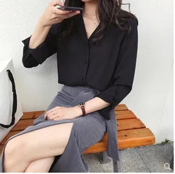 woman lady office Spring Long Sleeved Solid Color Blouses Women Shirts Casual Tops Black 724GoShop