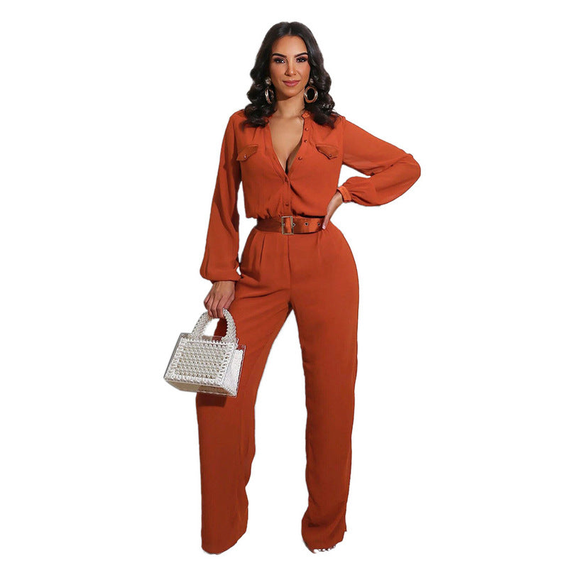 women Fashion Casual jumpsuit Slim Long Sleeve jumpsuits Orange 724GoShop