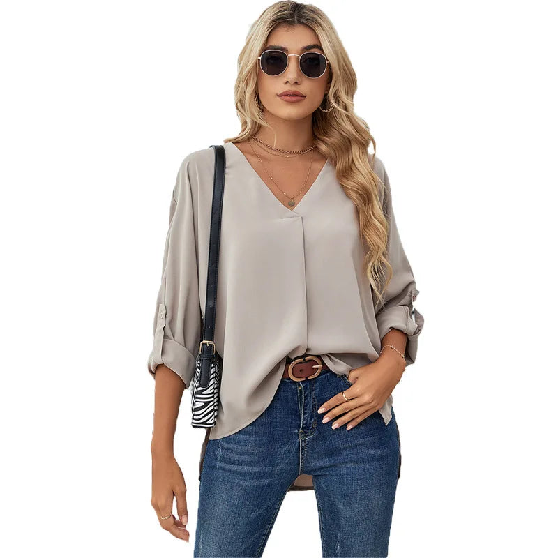 Chiffon Blouse Solid Color Fashion Women's V-neck Long Sleeve Casual Blouse For Women Beige 724GoShop