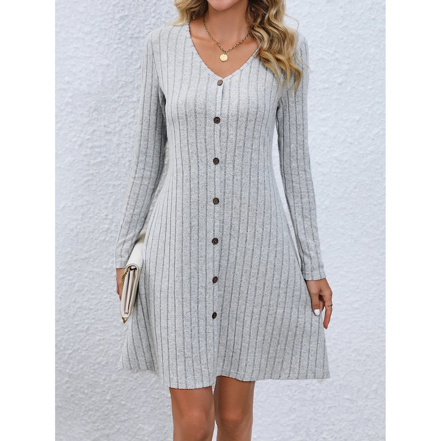 Women's Long Sleeve Solid Color Dress Botton Loose High Waist A-line V-Neck Women's Clothes Casual Dress 724GoShop