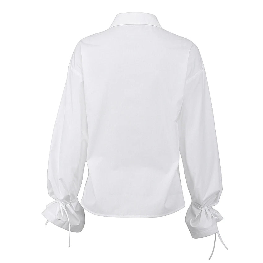 Turn-Down Collar Long Sleeve Lace Up Shirt Elegant White Shirts for Women 724GoShop