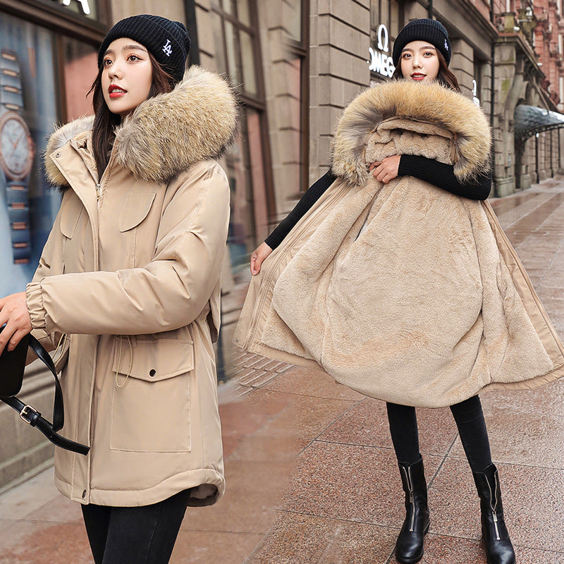 Winter Jacket Women Thick Warm Parka Hooded Cotton Coat Slim Jacket Long Paragraph Plus Size Khaki 724GoShop